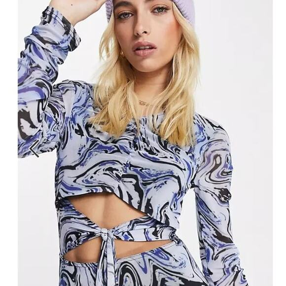 ASOS DESIGN Long Sleeve Mesh Midi Dress with Tie Waist Detail Blue Swirl Print - Picture 4 of 12